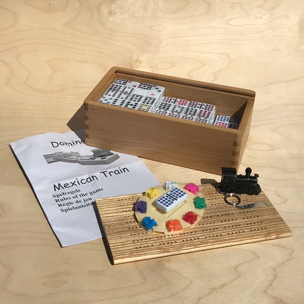 Double 15 Mexican Train Domino Set with Solid Ash Box