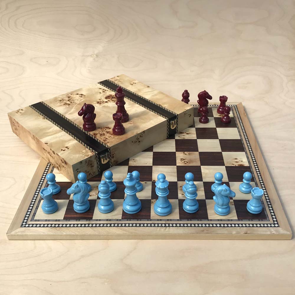 Porcelain Chess set in Red & Blue With Ebony Chess Board