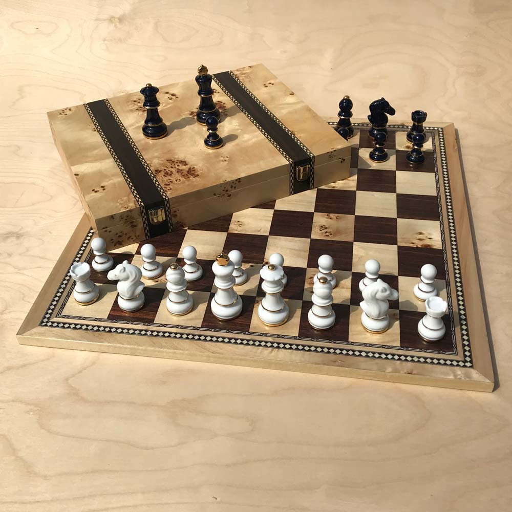 Porcelain Chess Set 24-Carat Gold With Ebony Chess Board & Box –  Newfangledboardgames