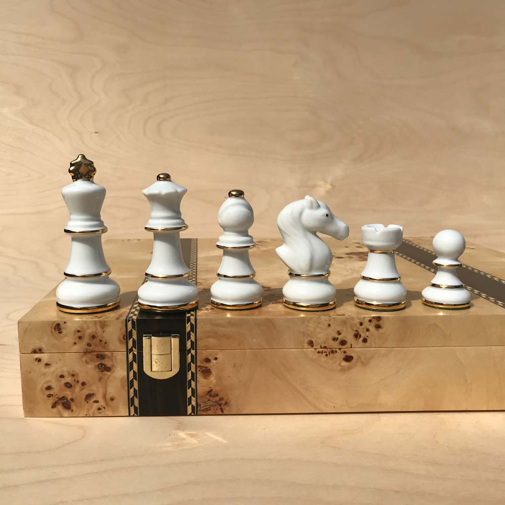 Porcelain Chess Set 24-carat Gold With Ebony Chess Board & Box